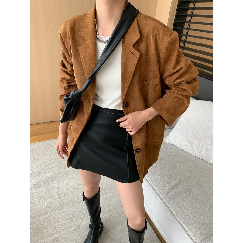 Damen Oversized Blazerjacke Weiches Wildleder Schwarz - Norvielle