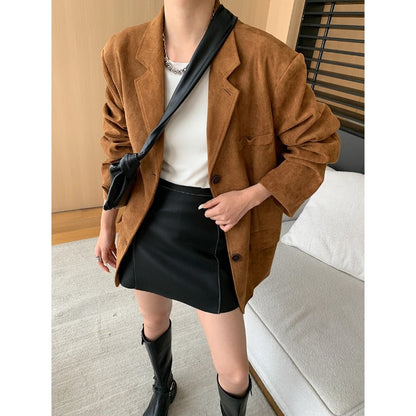 Damen Oversized Blazerjacke Weiches Wildleder Schwarz - Norvielle