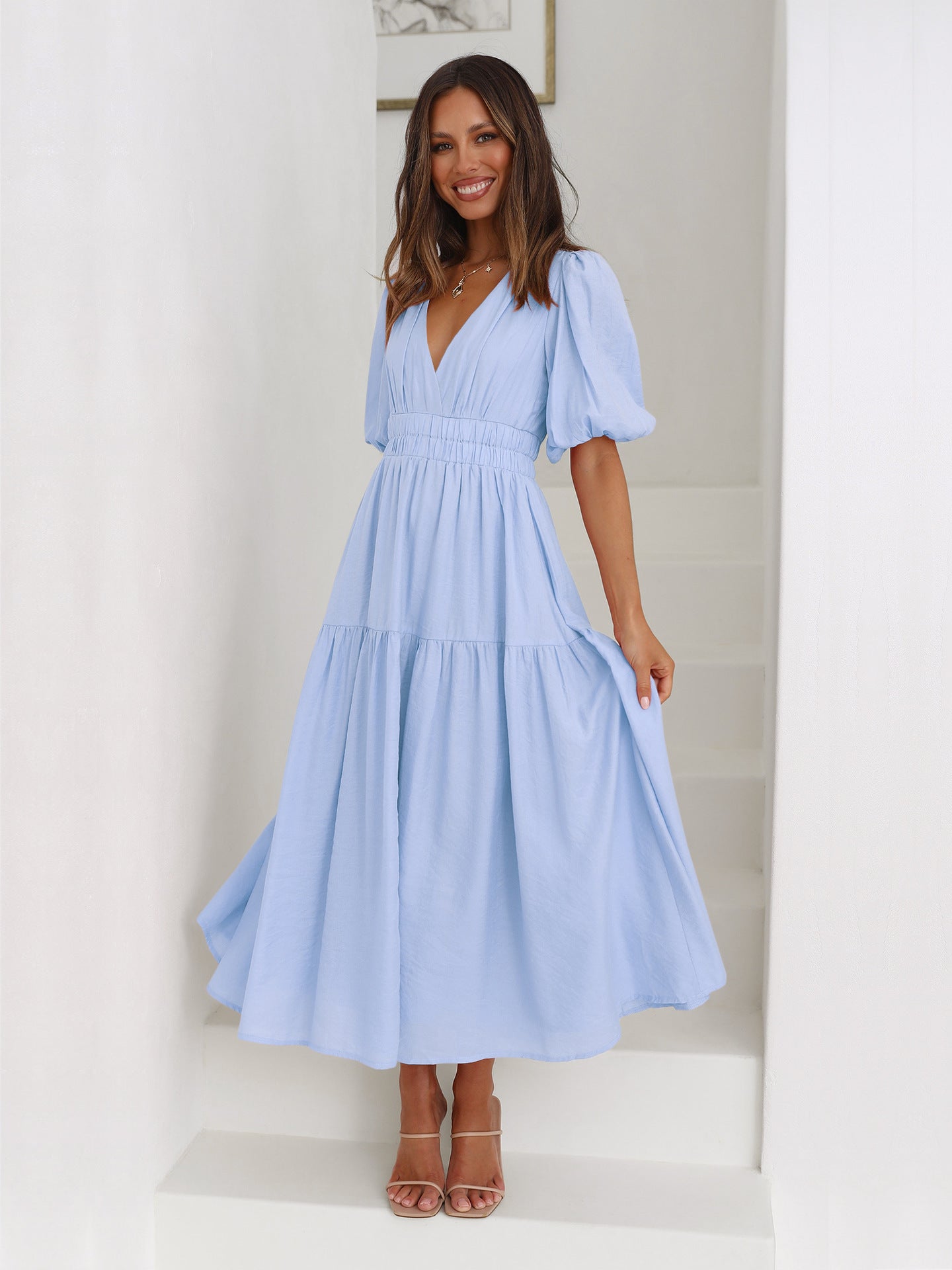Damen Maxikleid V-Ausschnitt Puffärmel Norvielle