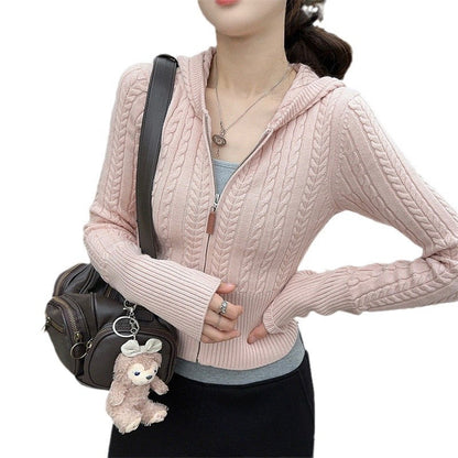 Damen Strickjacke Kapuzenpullover Zopfmuster Asymmetrisch Beige