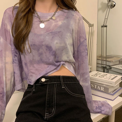 Damen Cropped Sweatshirt Batikdesign Weite Ärmel Rundhalsausschnitt