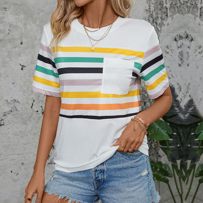 Damen T-Shirt Kurzarm mit Streifenmuster und Brusttasche Bunt