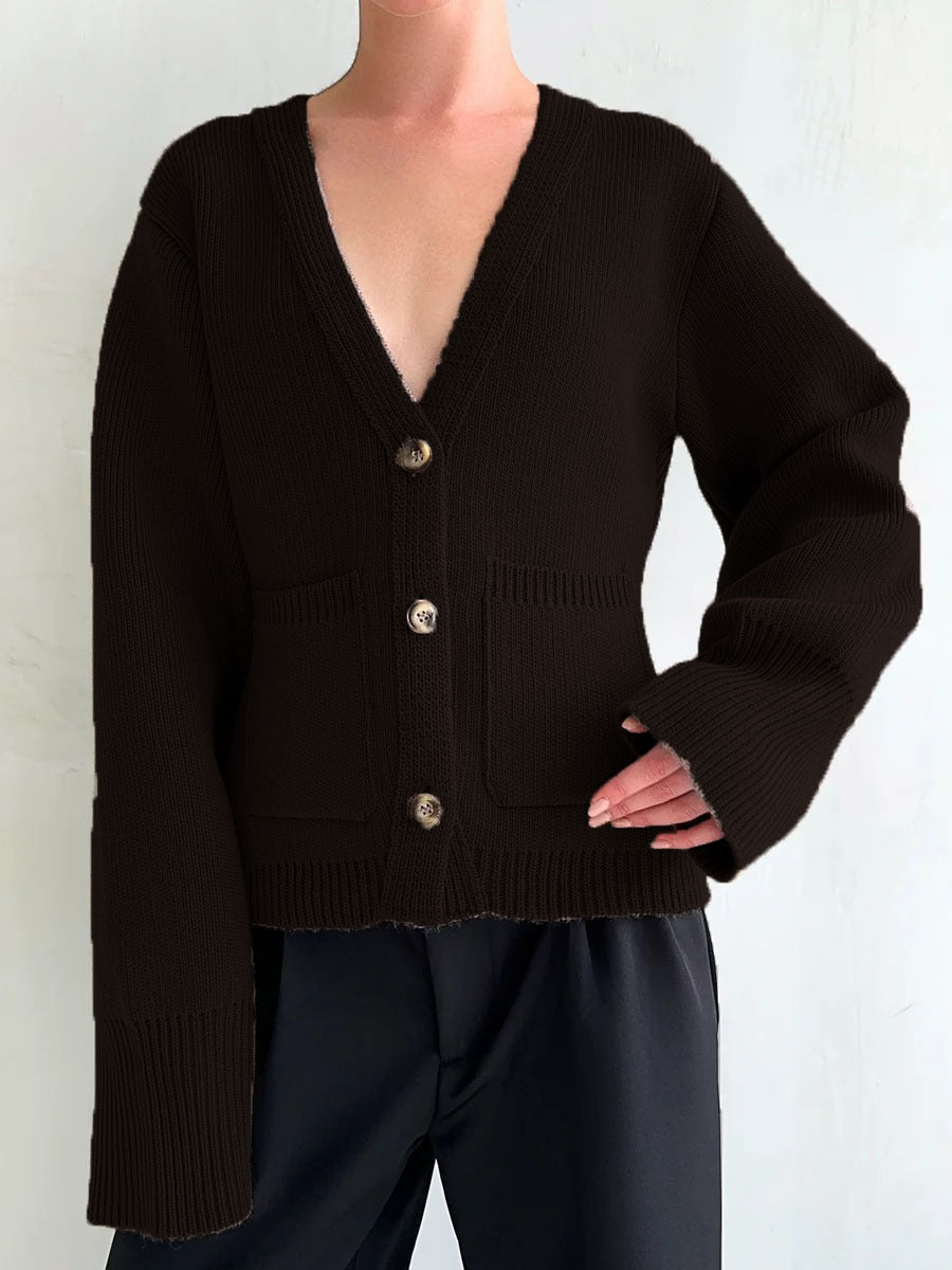 Damen Strickjacke V-Ausschnitt Große Taschen Norvielle