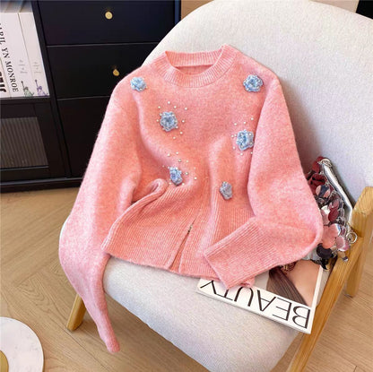 Damen Pullover Strukturiertes Blumendesign Perlenverzierungen