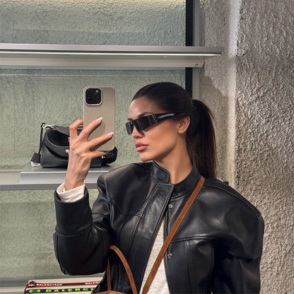 Damen Kunstlederjacke Stehkragen Strukturiert
