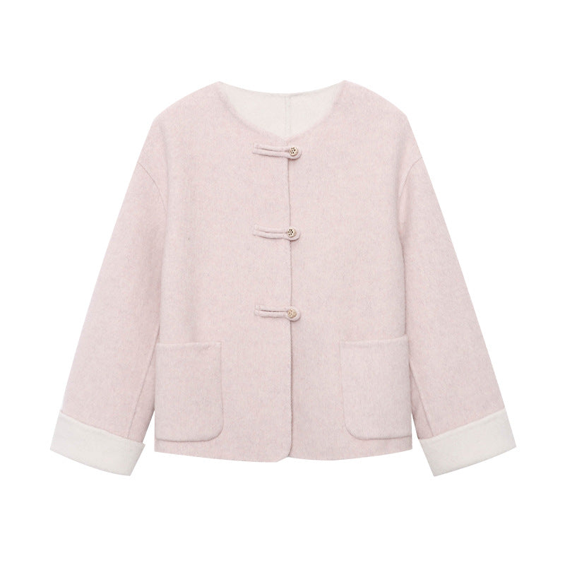 Damen Wolljacke Elegantes Design Knöpfe Beige