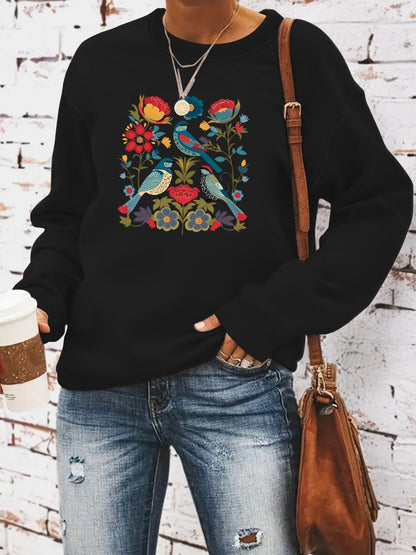 Damen Sweatshirt Florales Vogeldesign Lässiger Schnitt Norvielle