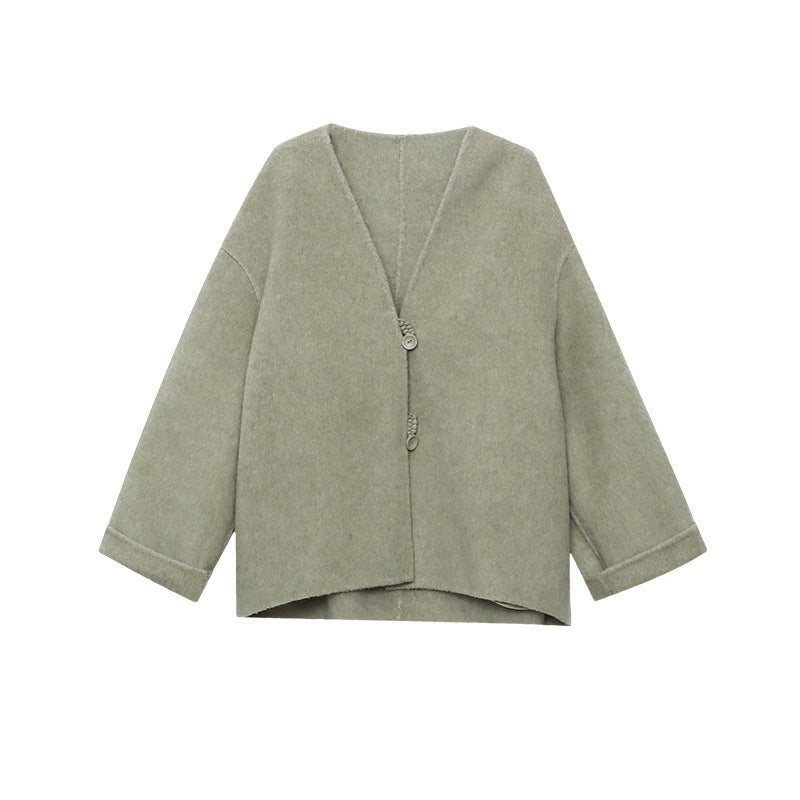 Damen Wolljacke Lässig Doppelter Knopfverschluss Beige
