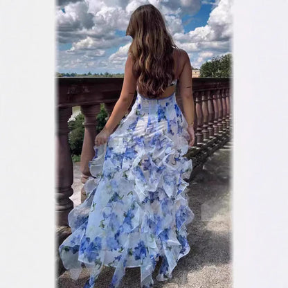 Damen Maxikleid Chiffon Rüschendetails Floralmuster Norvielle