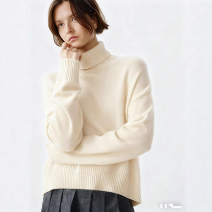 Damen Rollkragenpullover Oversized Rippstruktur Beige