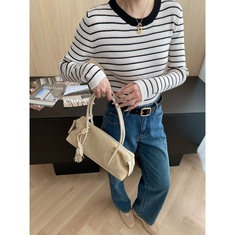 Damen Pullover Gestreift Rundhalsausschnitt Feine Rippe Beige