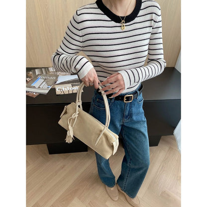 Damen Pullover Gestreift Rundhalsausschnitt Feine Rippe Beige