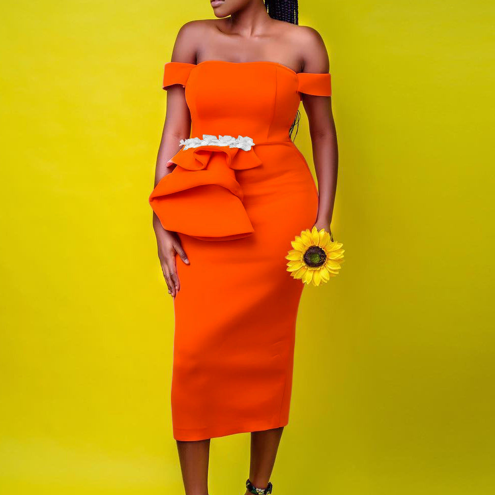 Damen Midi-Kleid Asymmetrische Träger Floralmuster