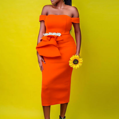Damen Midi-Kleid Asymmetrische Träger Floralmuster