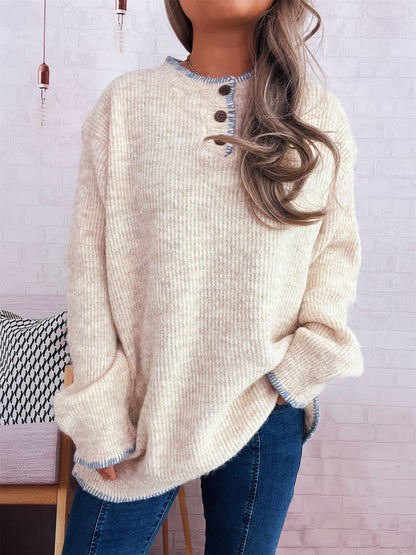 Damen Strickpullover Übergroß Klassisches Knopfdesign Beige