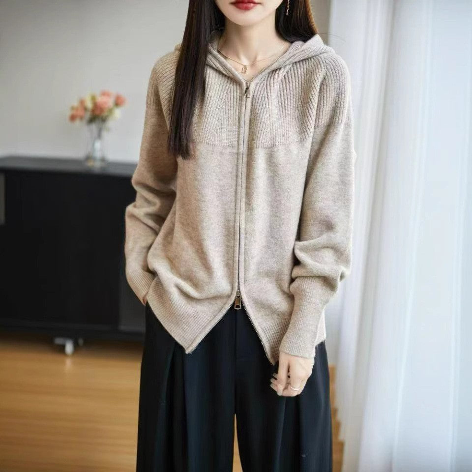 Damen Strickjacke mit Kapuze und Reißverschluss