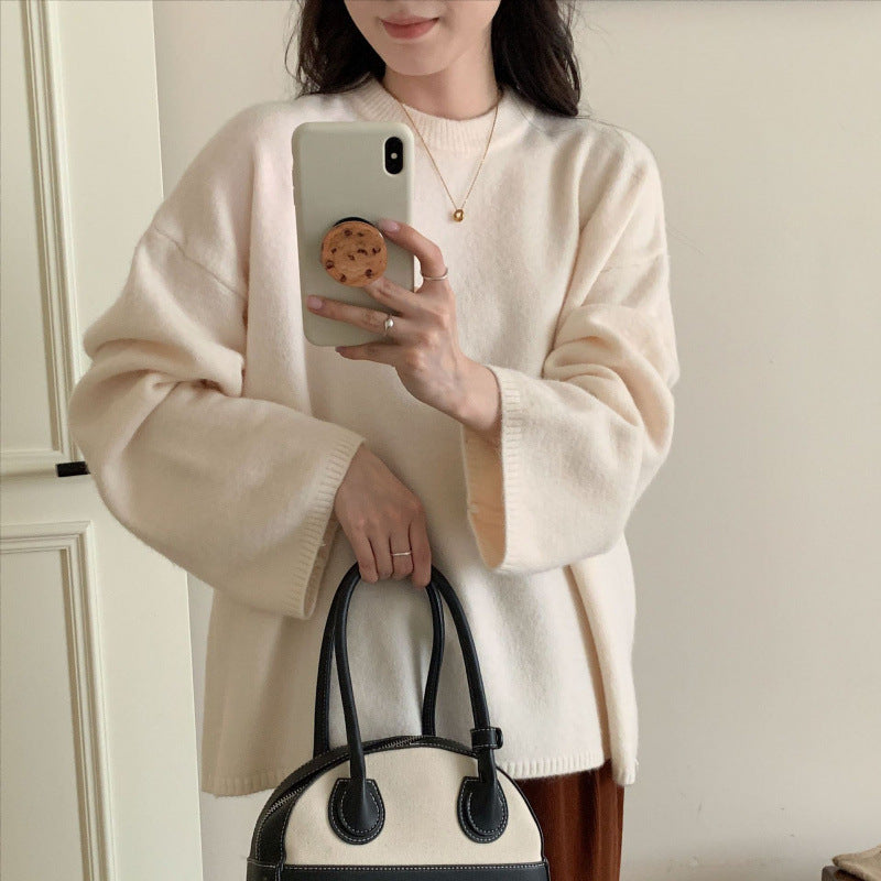 Damen Oversized Strickpullover Weiter Schnitt Feines Material Beige