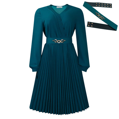 Damen Kleid Plissee V-Ausschnitt mit Taillengürtel Elegant