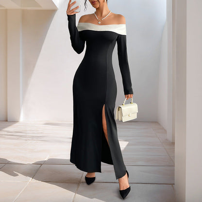 Damen Off-Shoulder Maxi-Kleid mit seitlichem Schlitz und langen Ärmeln