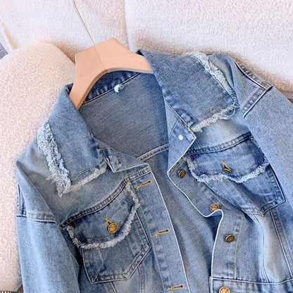 Damen Cropped Denimjacke Fransen Knöpfe