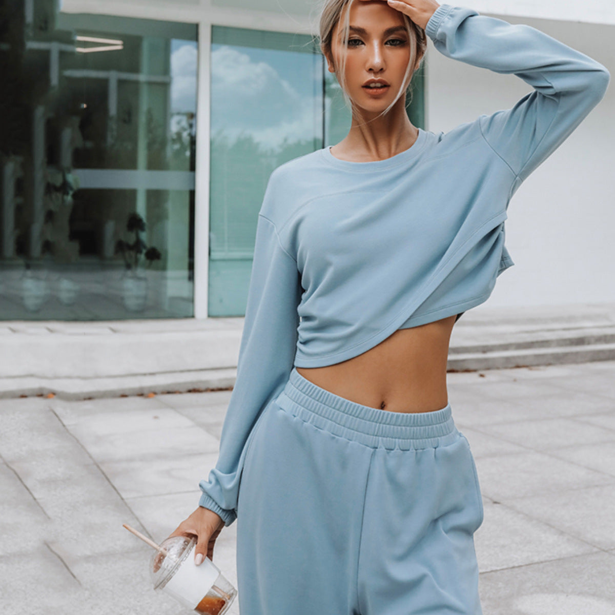 Damen Freizeit-Set Cropped Pullover Weite Hose Norvielle