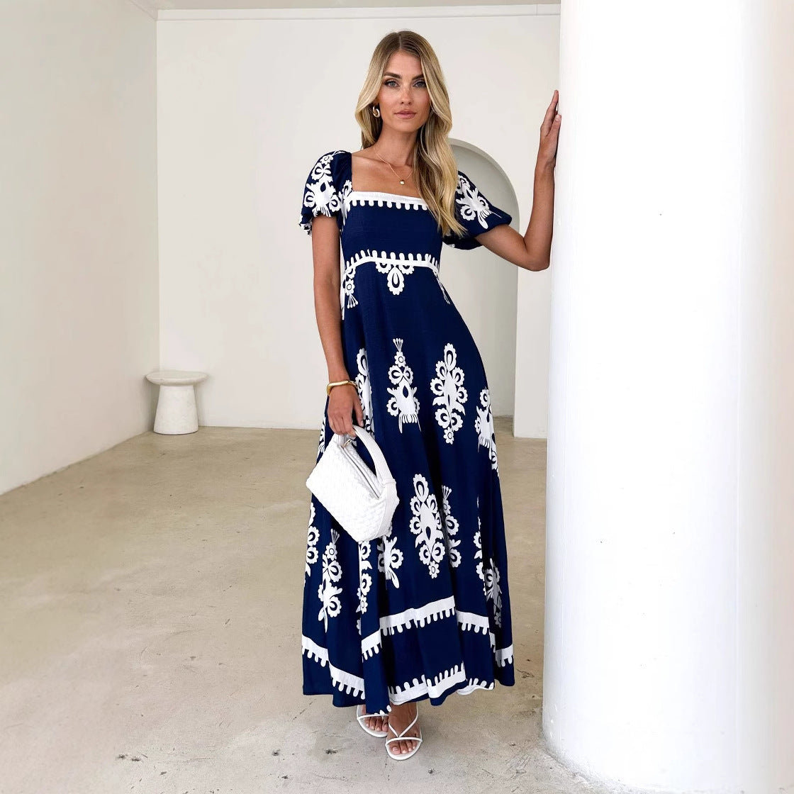 Damen Maxikleid Puffärmel Grafisches Muster Norvielle