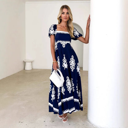 Damen Maxikleid Puffärmel Grafisches Muster Norvielle