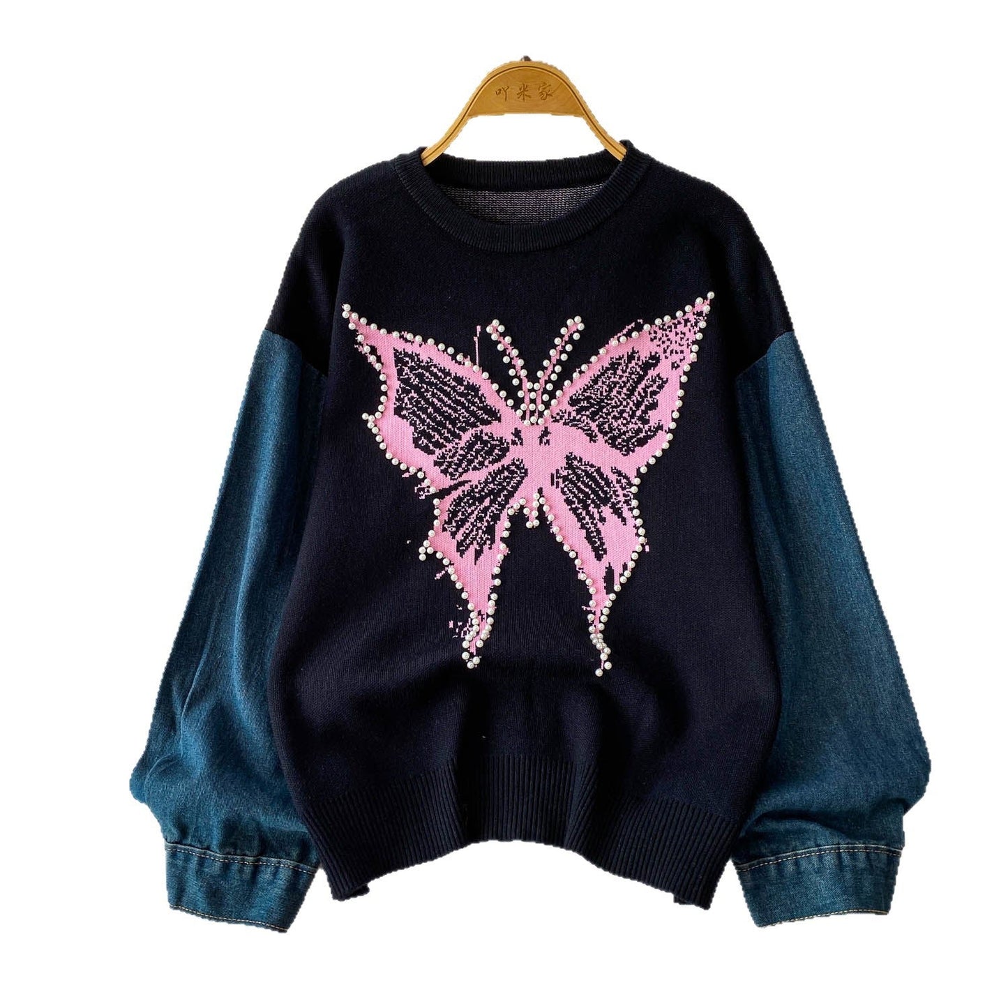 Damen Pullover Schmetterlingsmuster Denim Ärmel