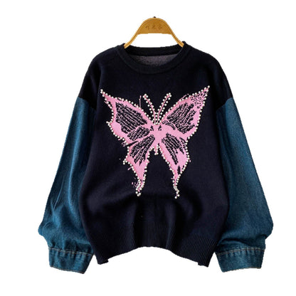 Damen Pullover Schmetterlingsmuster Denim Ärmel
