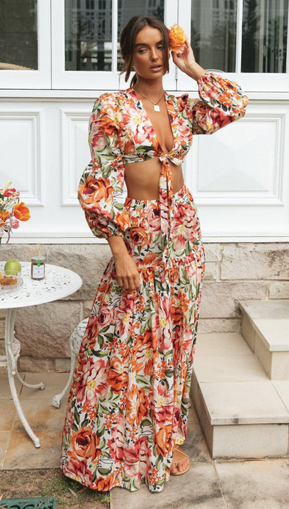 Damen Maxikleid Boho-Stil mit Volant und Puffärmeln Norvielle