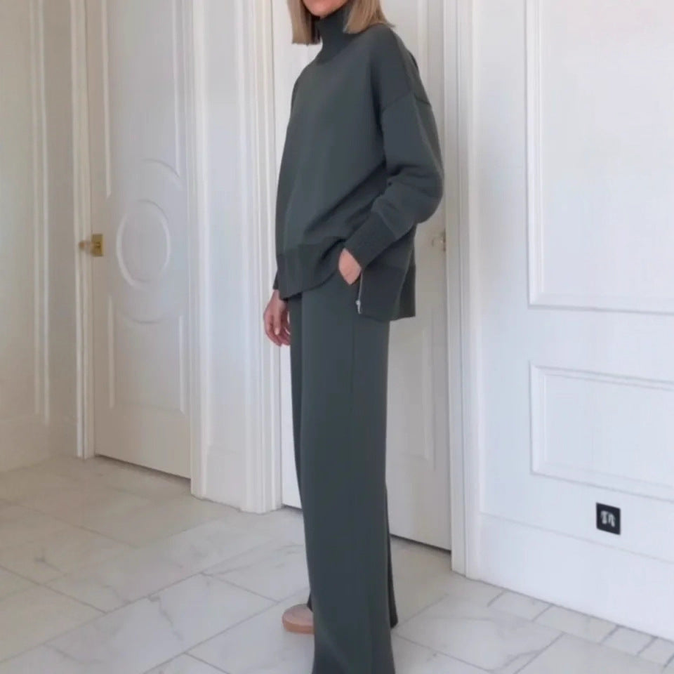 Damen Strick-Loungewear-Set Hochgeschlossener Pullover Weite Hose