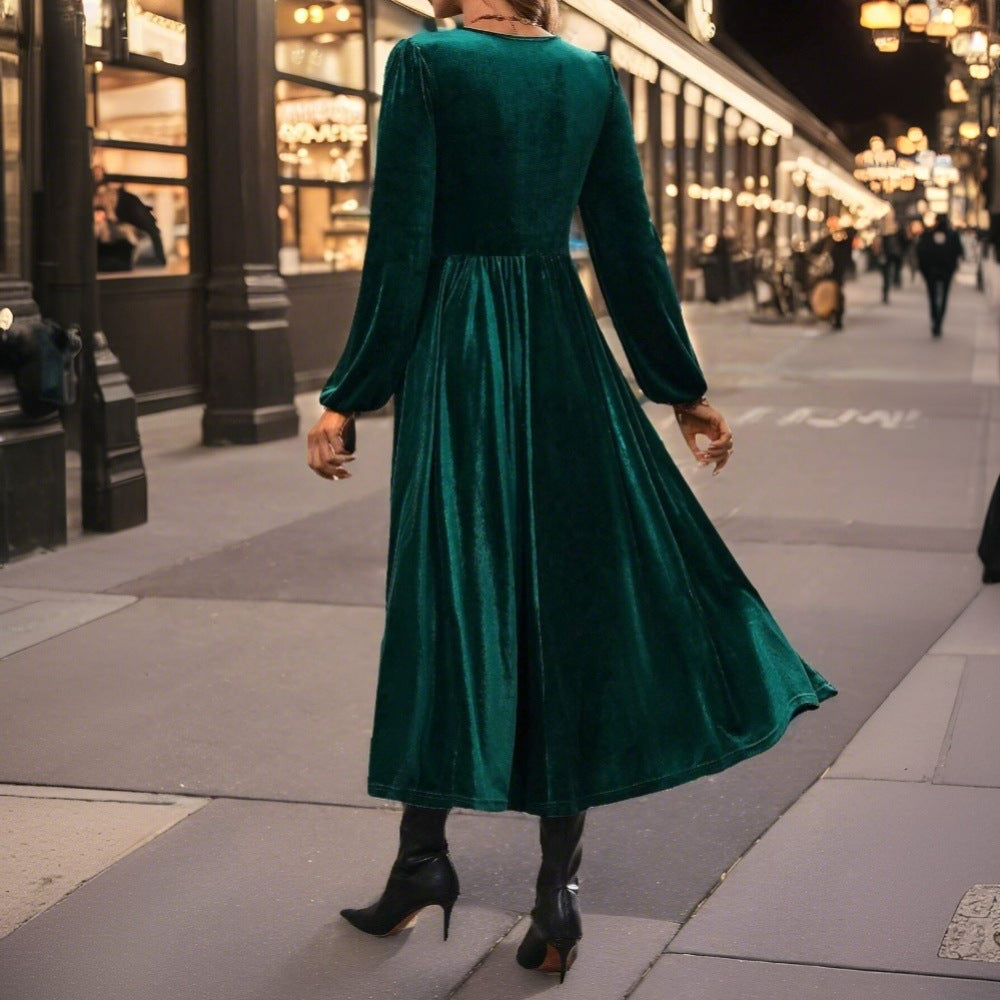Damen Samt-Kleid Midi Wickeldesign V-Ausschnitt Norvielle