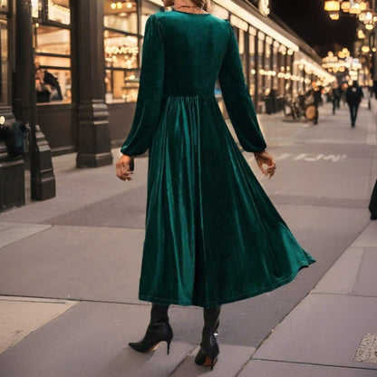 Damen Samt-Kleid Midi Wickeldesign V-Ausschnitt Norvielle