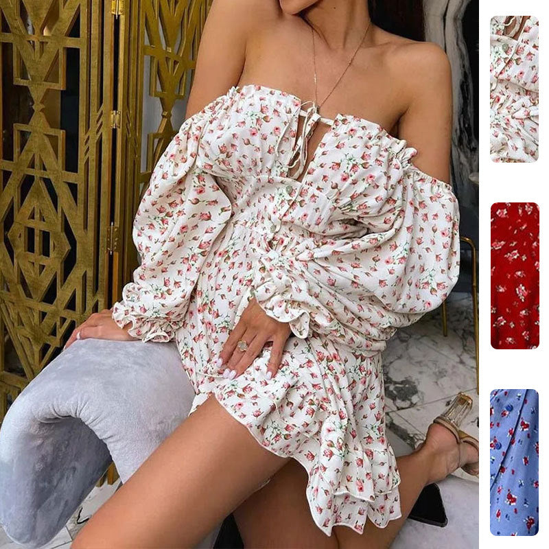 Damen Off-Shoulder Kleid Florale Muster Rüschendetails - Norvielle