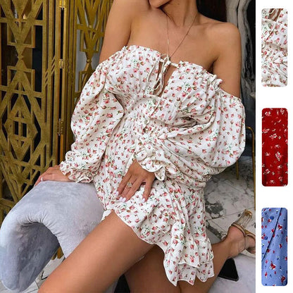 Damen Off-Shoulder Kleid Florale Muster Rüschendetails - Norvielle