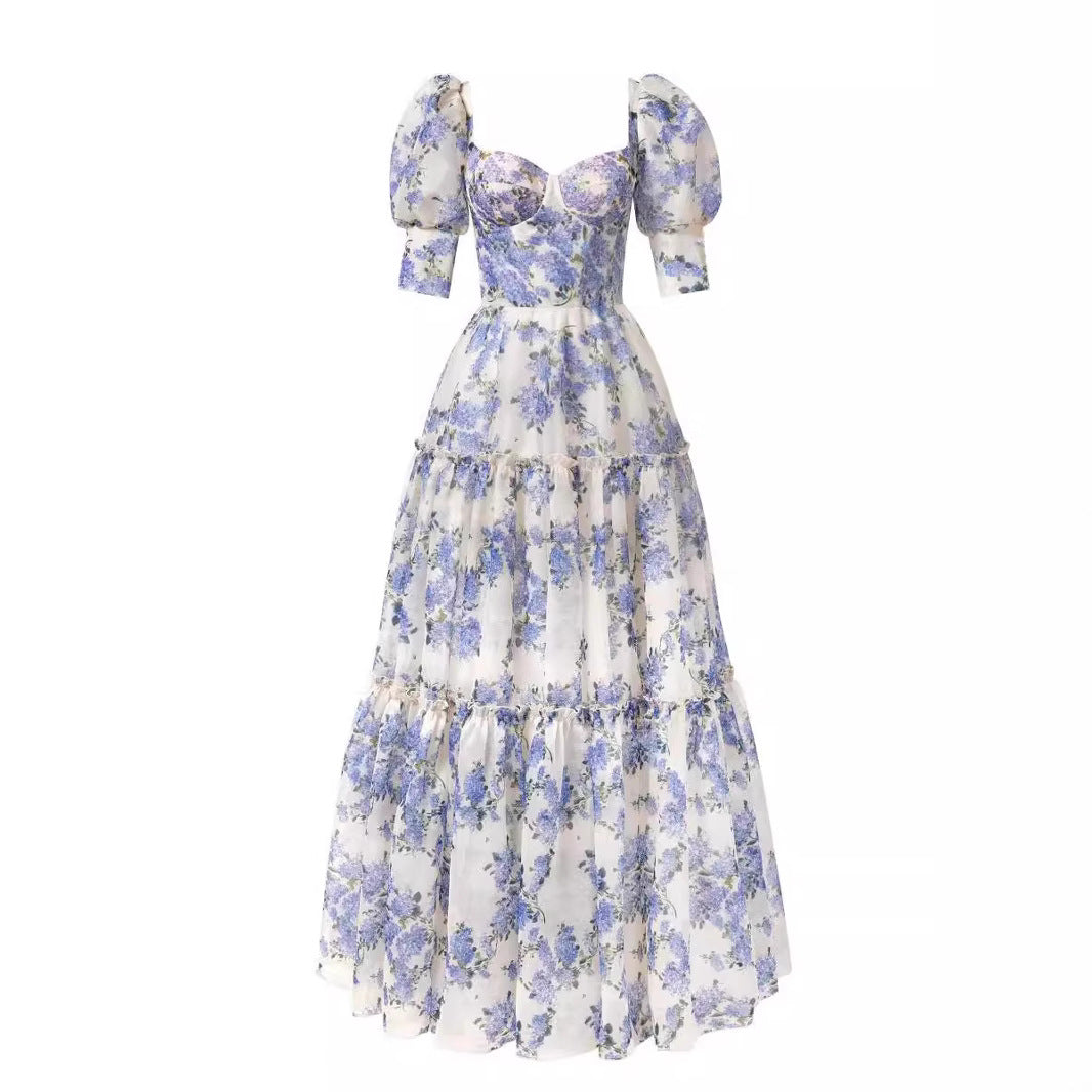 Damen Maxikleid Schulterfrei Rüschenärmel Floralmuster