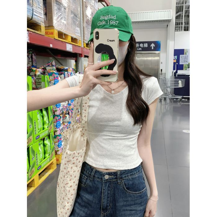 Damen Cropped T-Shirt V-Ausschnitt Figurbetont Weiß