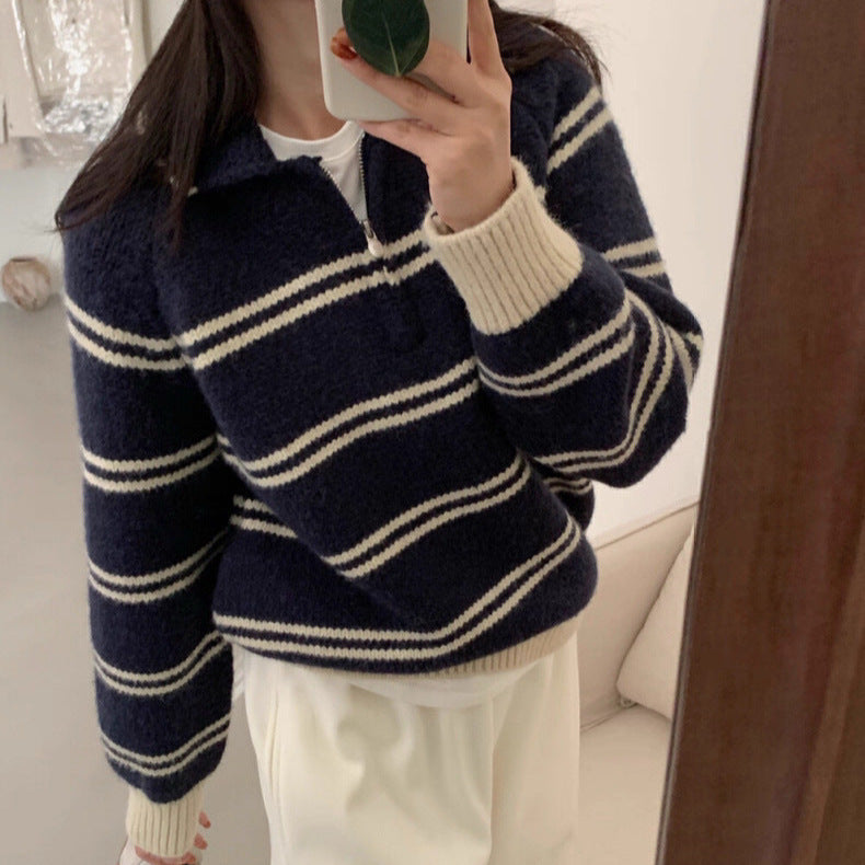 Damen Pullover Gemustert Stehkragen Kontrastdetails Norvielle