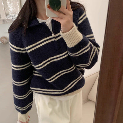 Damen Pullover Gemustert Stehkragen Kontrastdetails Norvielle