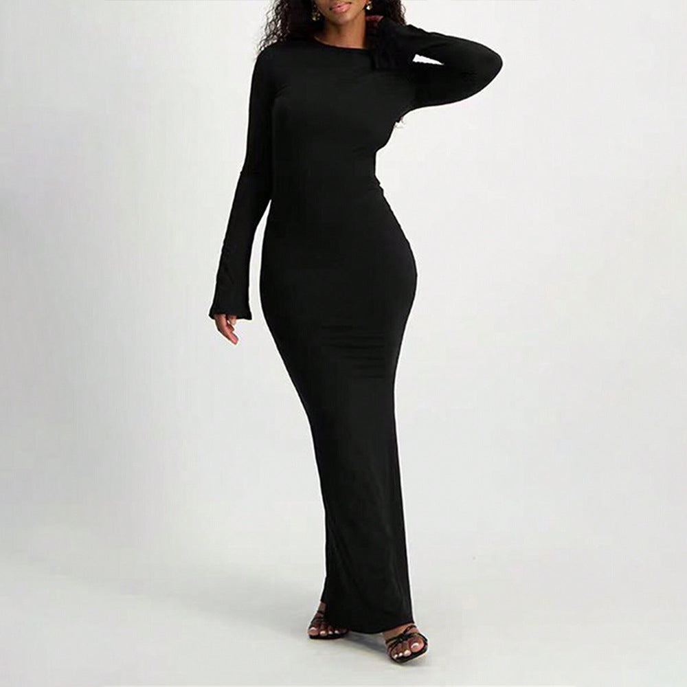 Damen Maxi-Kleid Langarm Schlüsselloch-Ausschnitt Figurbetonter Stil - Norvielle