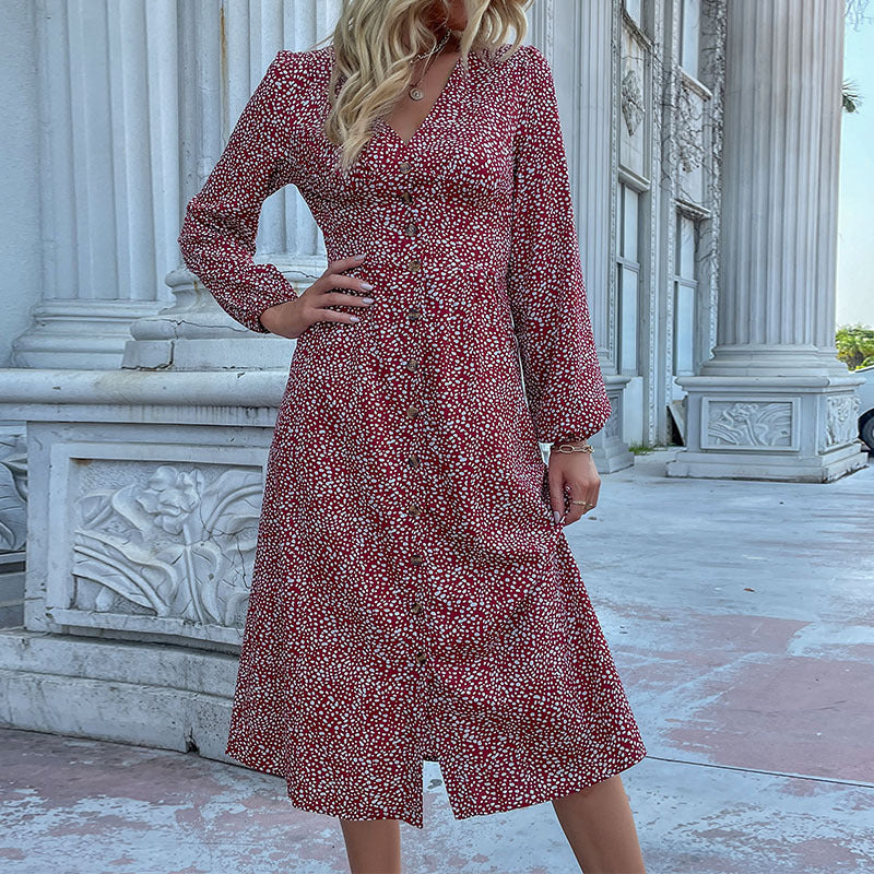 Damen Hemdblusenkleid Knielang mit Knopfverschluss Blumenmuster