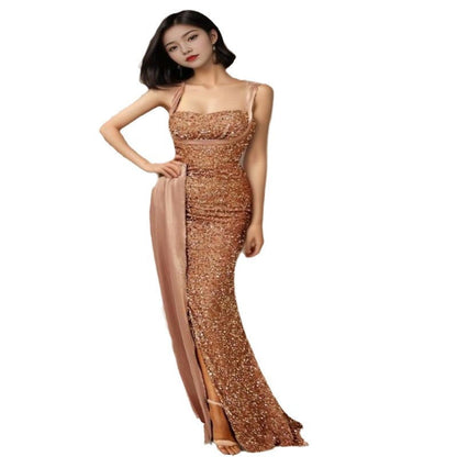 Damen Abendkleid Schimmernde Pailletten Eleganter Schlitz