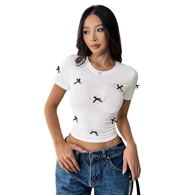 Damen Cropped T-Shirt mit Schleifenmotiv Weiß