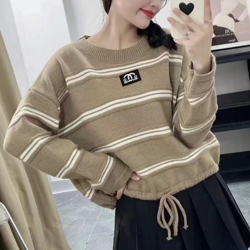 Damen Sweater Gestreift Oversized Kordelzug Beige - Norvielle