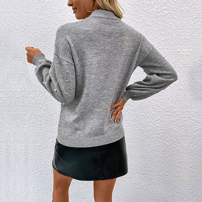 Damen Strickpullover Perl-Dekor Hochkragen Norvielle