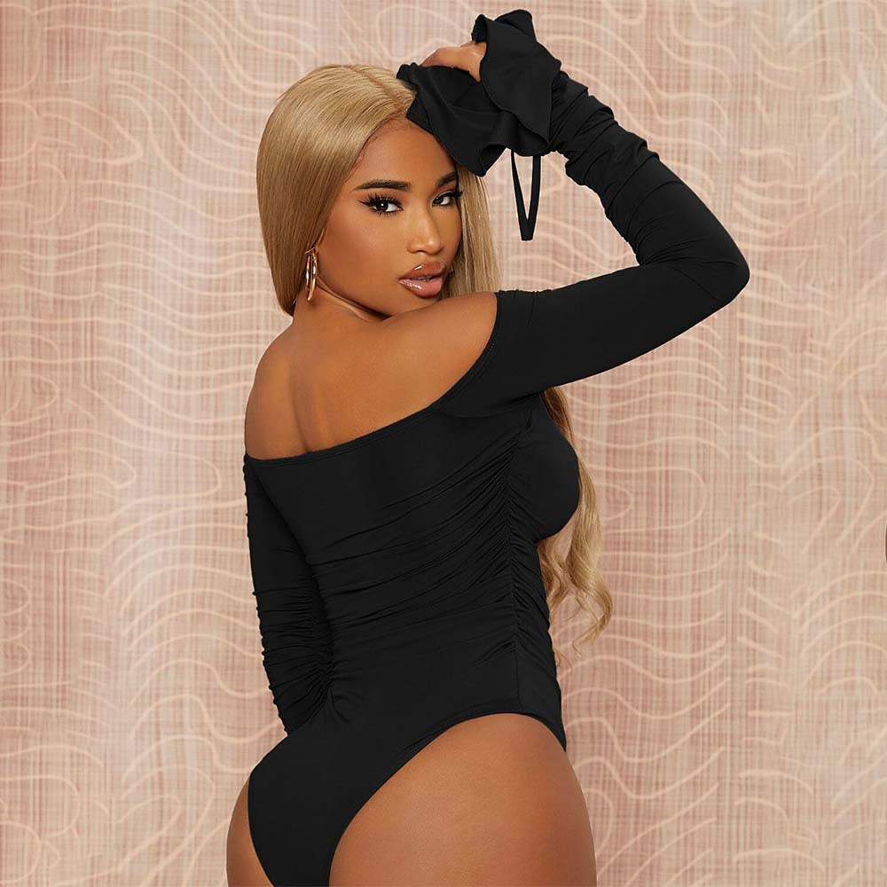 Damen Off-Shoulder Bodysuit Rüschendetails Lange Ärmel Norvielle