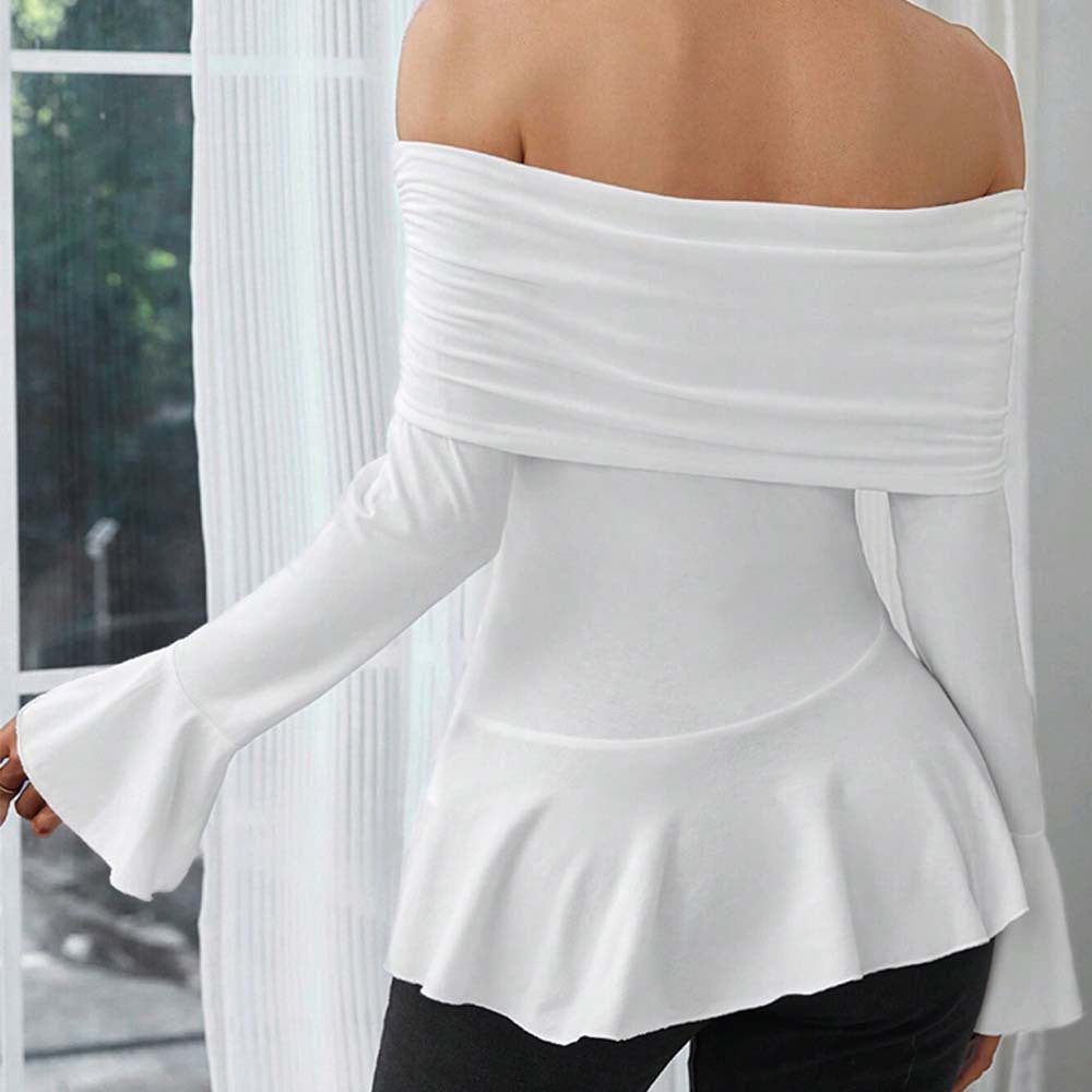 Damen Oberteil Off-Shoulder mit Volant und langen Ärmeln