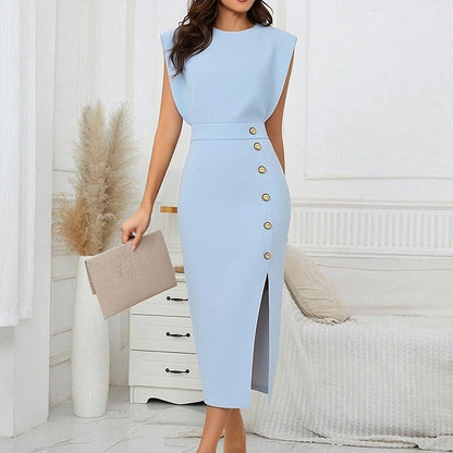 Damen Elegantes Midi-Kleid mit Knöpfen und Seitenschlitz Norvielle