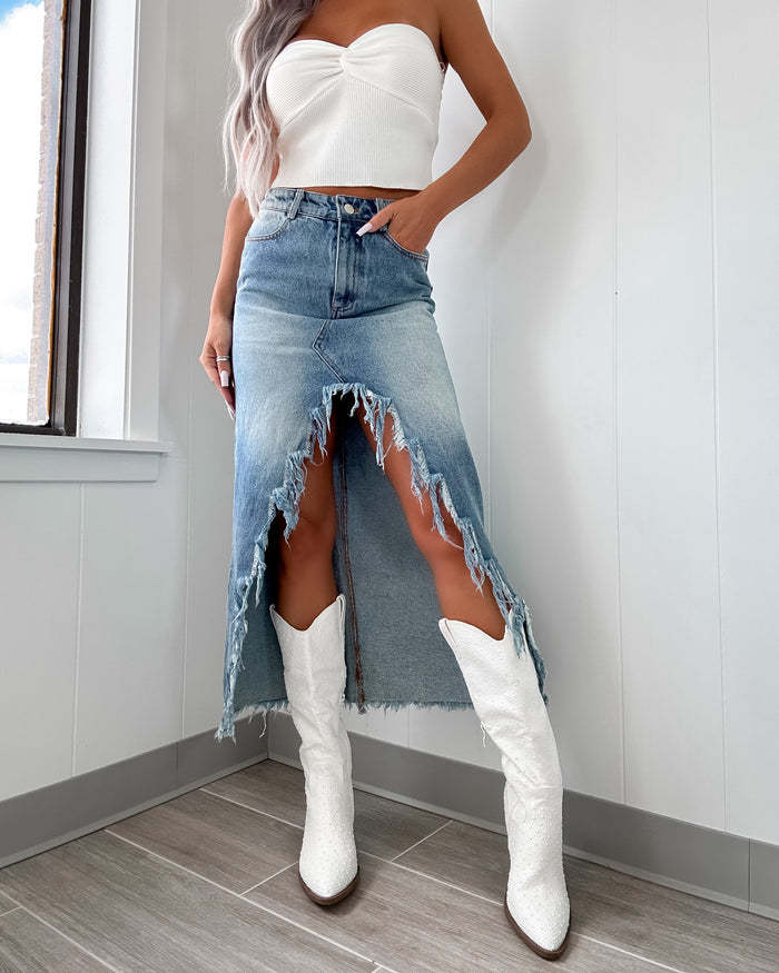 Damen Denim-Rock High-Low Fransen