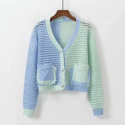 Damen Strickcardigan Luftig Netzstruktur Taschen Beige